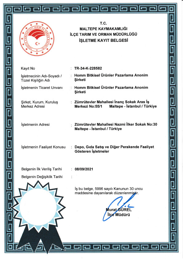 Homm Bitkisel İşletme Kayıt Belgesi